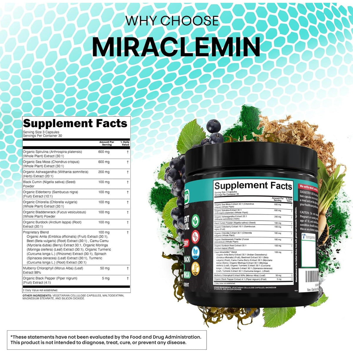 Clean Nutra Organic Sea Moss Capsules with Ashwagandha, Black Seed Oil, Burdock Root, Bladderwrack, Moringa, Chlorella, Spirulina, Turmeric, Elderberry, Amla � 90 Vegan Capsules � Miraclemin