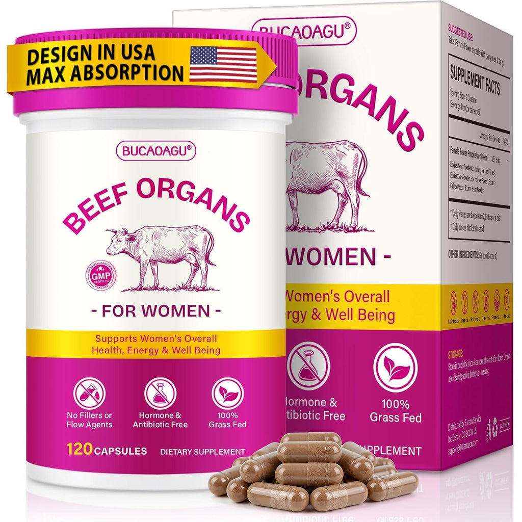 Beef Organ Supplement for Women - Grass-Fed Beef Liver, Kidney, Heart, Uterus, Ovary - Supports Female Energy & Hormone Balance - Pasture Raised in New Zealand - Iron, B12 & Coq10 - 120 Capsules