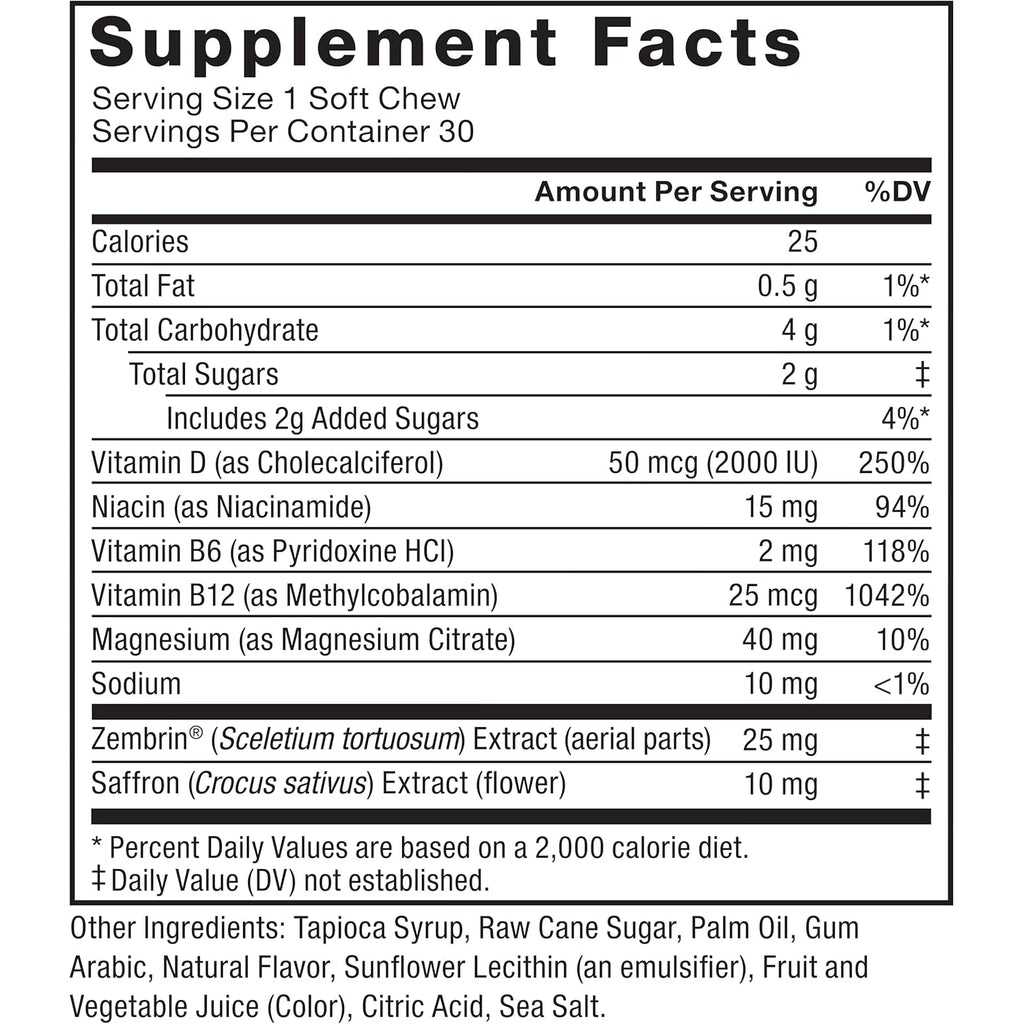 Force Factor Happy Mood, Mood Support and Balance Supplement to Support Happiness, Positivity, and Stress, Made with Magnesium, Saffron, Zembrin, Non-Gmo, Tropical Fruit Flavor, 30 Soft Chews
