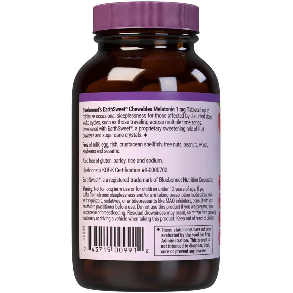 Bluebonnet Nutrition Earthsweet Melatonin 1 Mg Fast-Acting Quick Dissolve Nighttime Relaxation & Restful Sleep Support - Sleep Aid - Gluten-Free, Vegan - Raspberry Flavor - 120 Chewable Tablets