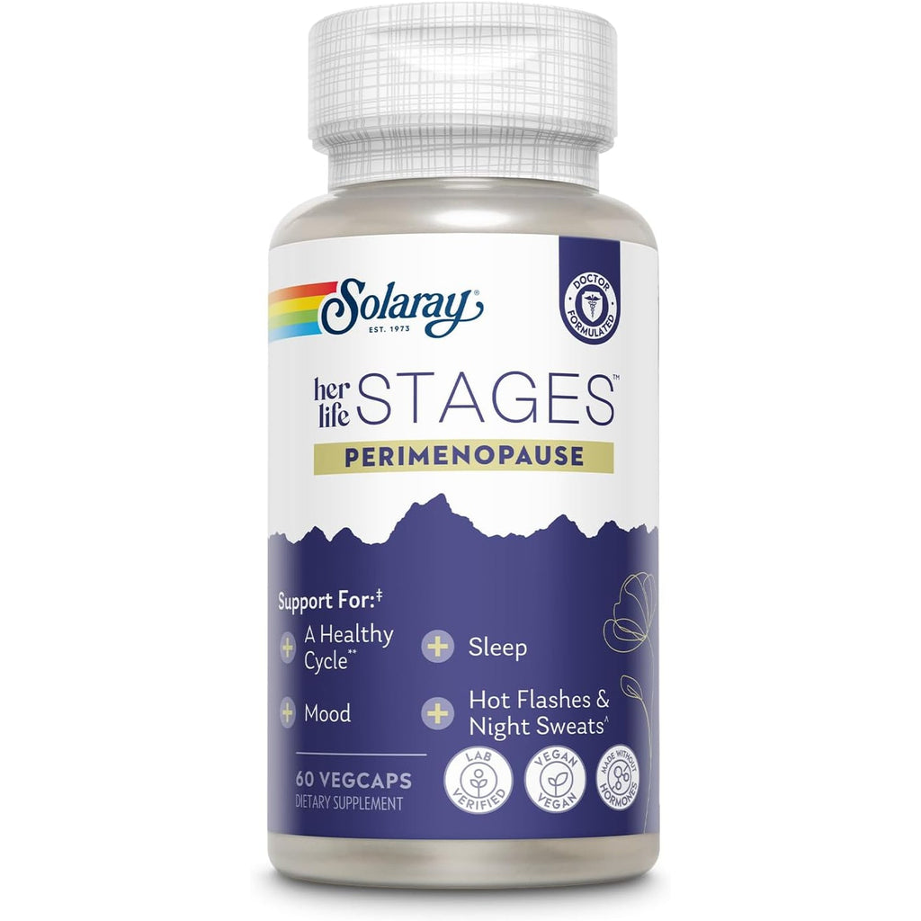 SOLARAY Perimenopause Her Life Stages - Perimenopause Supplements Women - Hot Flashes, Menopause Support - Saffron and Chasteberry - Made without Hormones - 60-Day Guarantee - 30 Servings, 60 Vegcaps