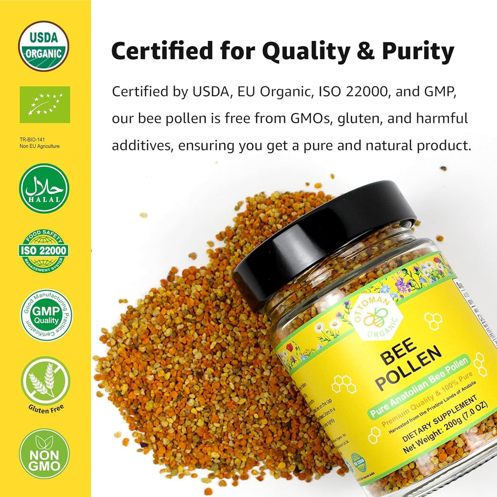 Bee Pollen – USDA & EU Organic Certified, Halal, ISO 22000 & GMP | 100% Pure Superfood, Rich in Vitamins & Minerals | Non-Gmo, Additive-Free (7 Ounce (Pack of 1))