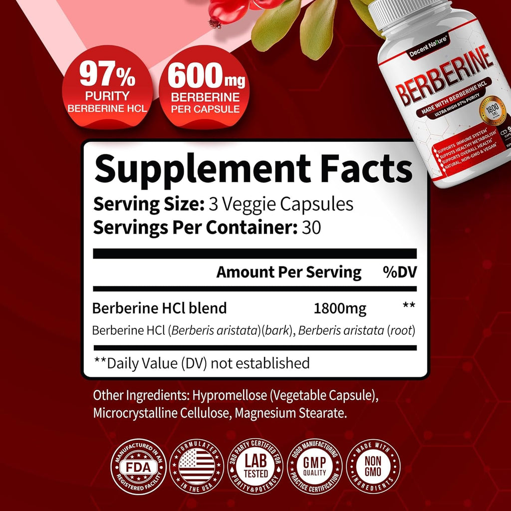 Berberine Supplement 1800Mg - Premium Berberine Hcl 97% High Purity, Supports Immune System, High Potency Hydrochloride & Extract, Activates AMPK & GLP-1, Non-Gmo Vegan, for Men Woman 90 Capsules