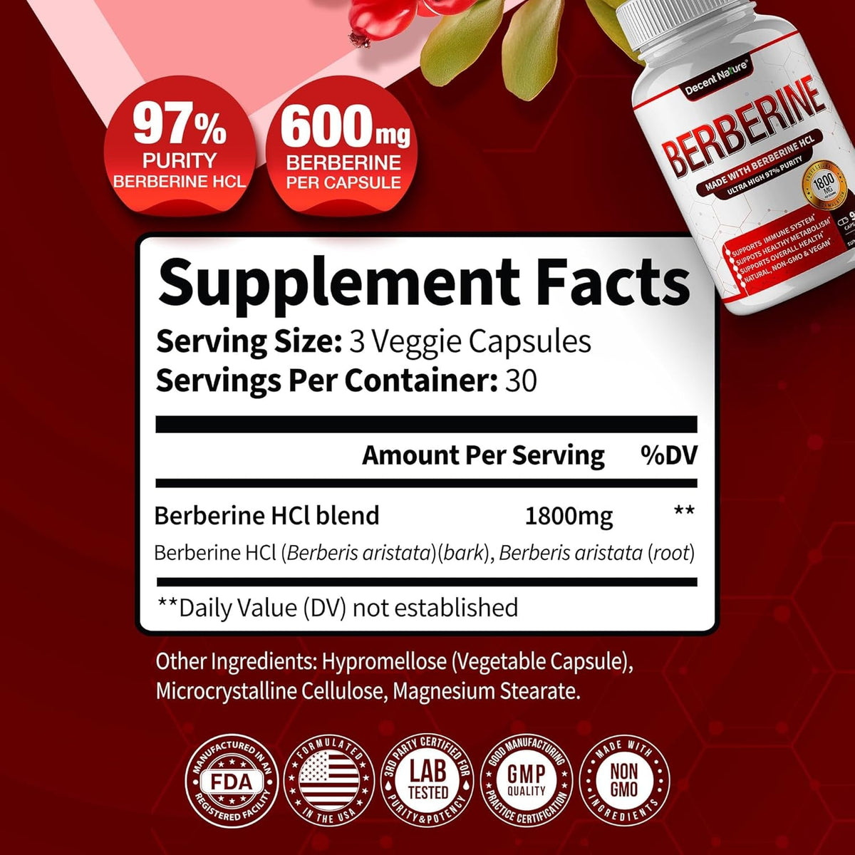 Berberine Supplement 1800Mg - Premium Berberine Hcl 97% High Purity, Supports Immune System, High Potency Hydrochloride & Extract, Activates AMPK & GLP-1, Non-Gmo Vegan, for Men Woman 90 Capsules