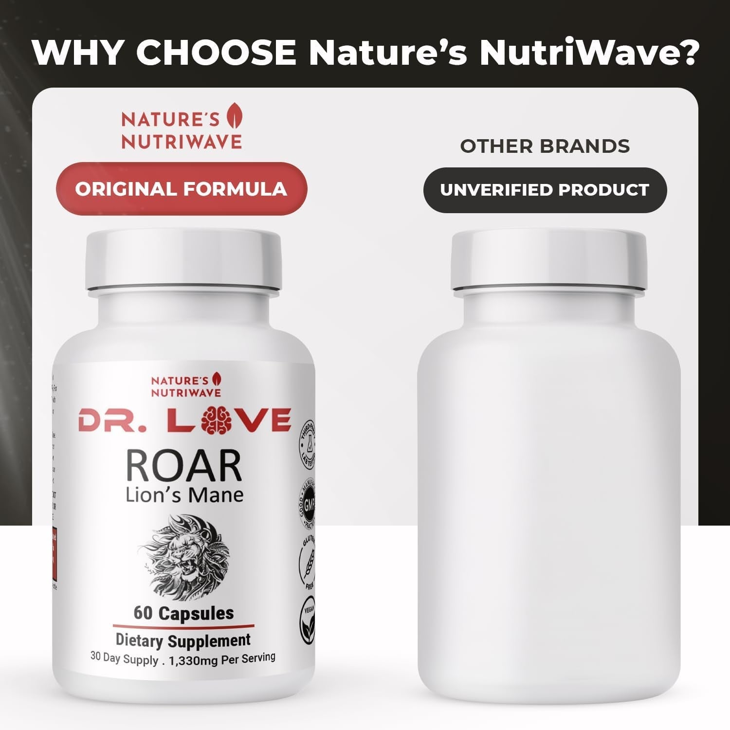 Dr. Love Roar Lion’S Mane Mushroom Supplement – Plant-Based Formula with Cordyceps, Reishi & Shiitake – Vegan, Gluten-Free, GMP Certified, Made in USA – 60 Capsules, 1 Month Supply