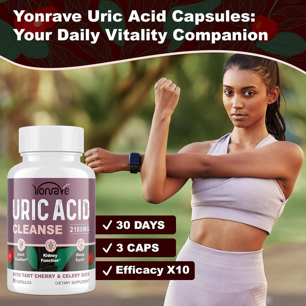Yonrave Uric Acid Cleanse & Detox - Tart Cherry Capsules, Celery Seed Uric Acid Supplement – Kidney, Joint and Sleep – 90 Veggie Capsules（1 Bottle）