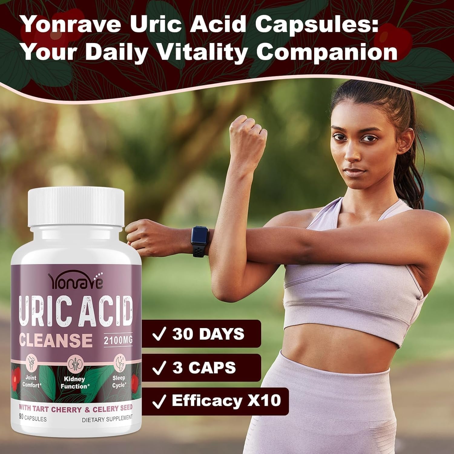 Yonrave Uric Acid Cleanse & Detox - Tart Cherry Capsules, Celery Seed Uric Acid Supplement – Kidney, Joint and Sleep – 90 Veggie Capsules（1 Bottle）