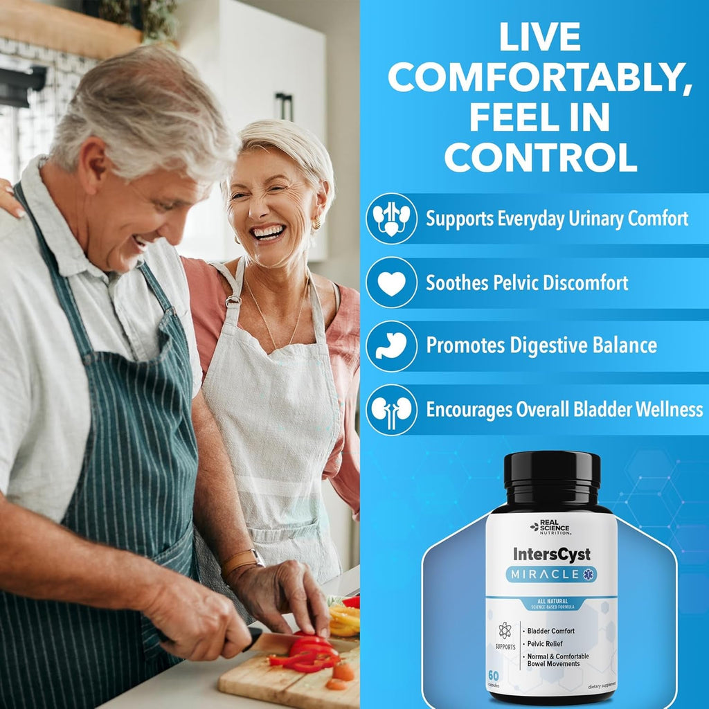 Real Science Interscyst Miracle – All Natural Supplement for Interstitial Cystitis Relief and Constipation with Vitamins C, D, B12 & K + Nitric Oxide Support – Bladder & Kidney Health Support, 60 Caps