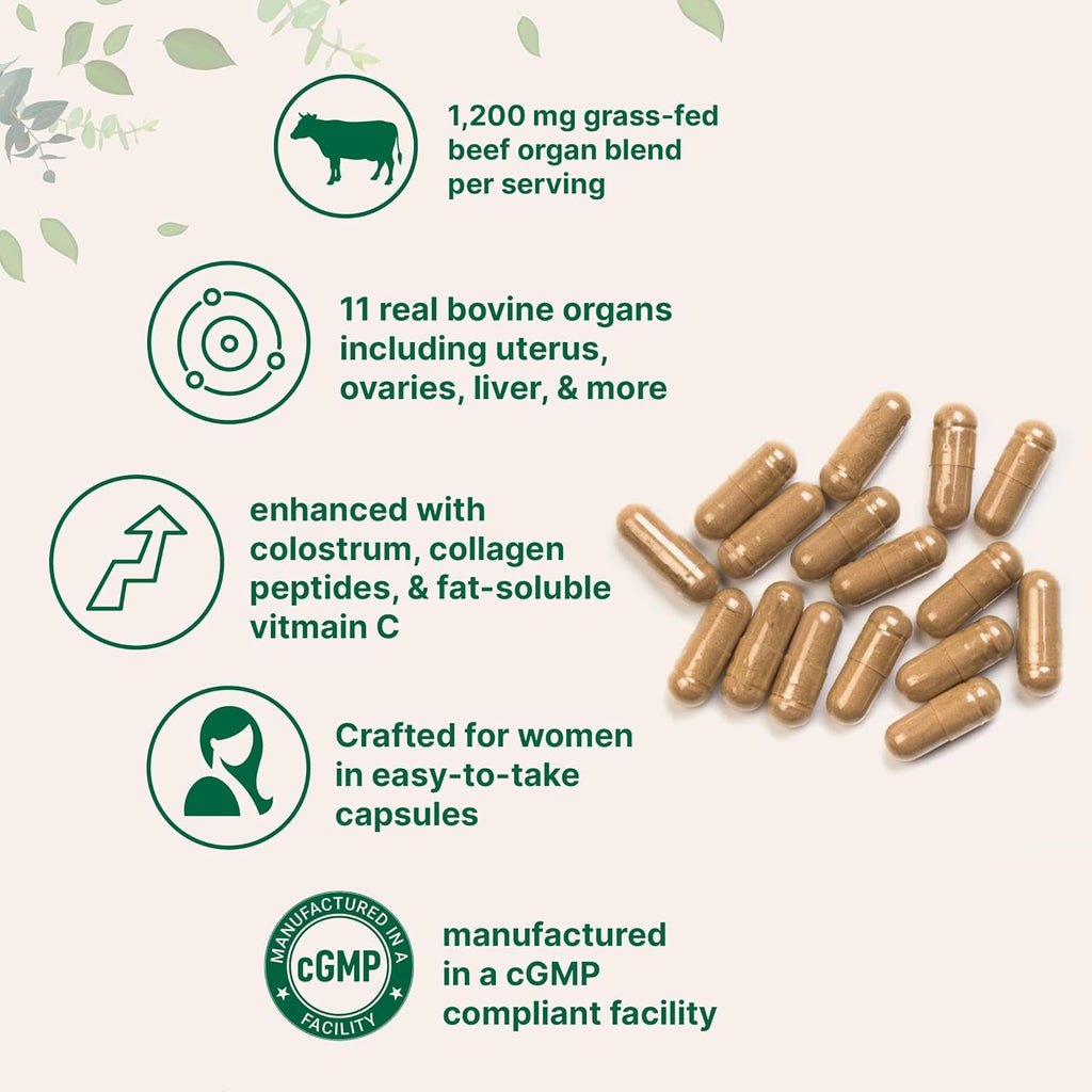 Micro Ingredients Grass‑Fed Beef Organ Supplement for Women – Bovine Beef Liver, Kidney, Heart & Uterus Tissue – 1,200 Mg Organ Blend plus Vitamin C, Colostrum & Collagen – 240 Capsules, No Fillers