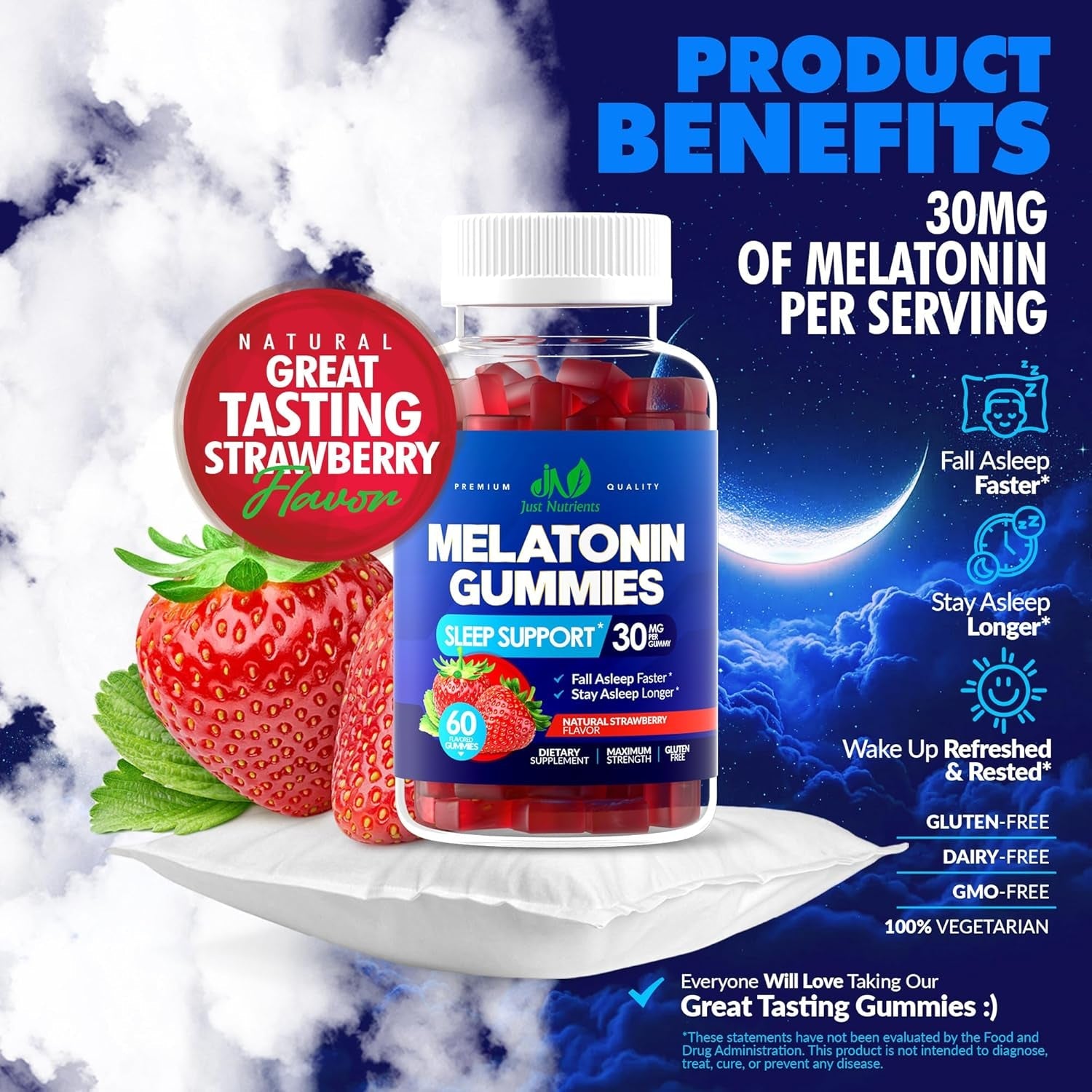 Melatonin 30Mg Gummies for Adults (60 Servings) - Maximum Strength Sleep Support with 30Mg of Melatonin per Gummy - Gluten-Free, Sugar-Free, 100% Vegetarian, Strawberry Flavor - 60 Gummies