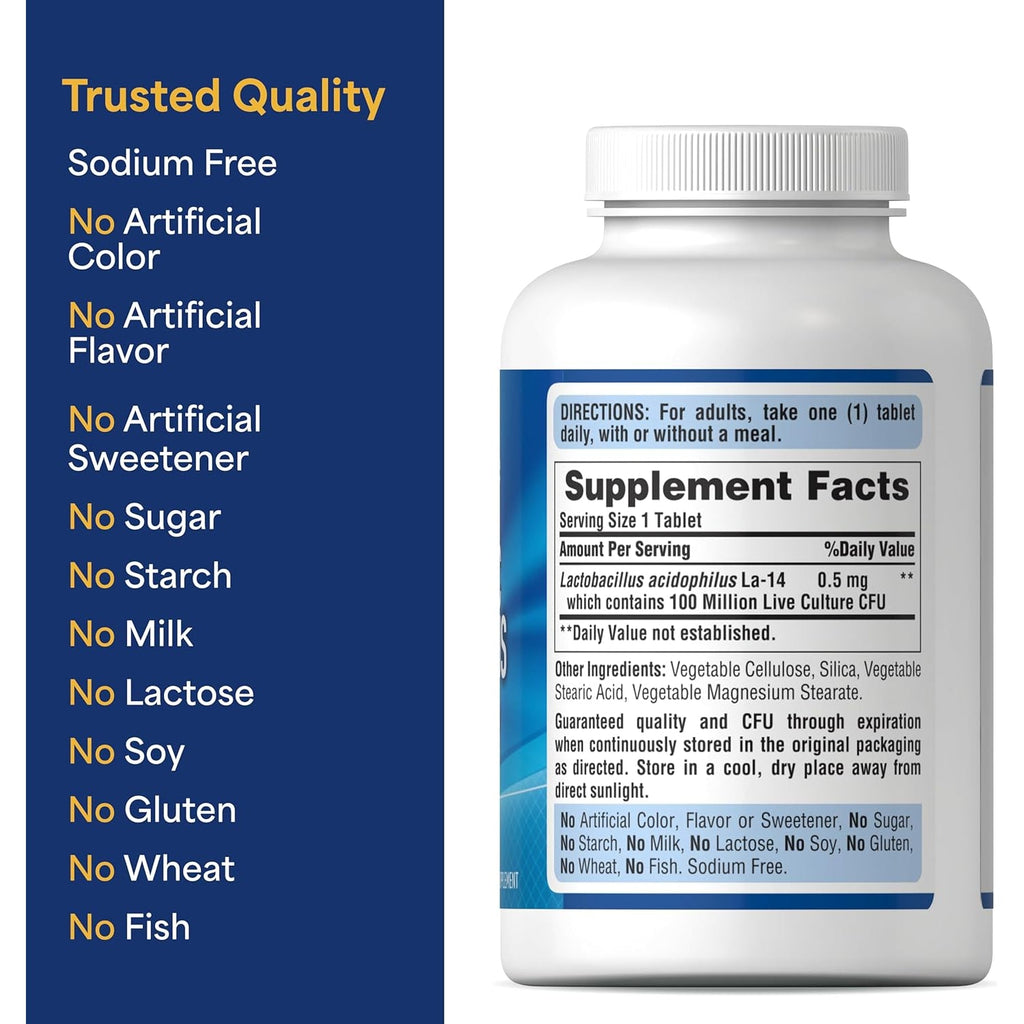 Puritan'S Pride Daily Probiotic Acidophilus, 100 Million Live Cultures, Dietary Supplement for Digestive, Gut, and Immune Health, Soy, Sodium, and Gluten Free, 8 Month Supply, 250 Tablets
