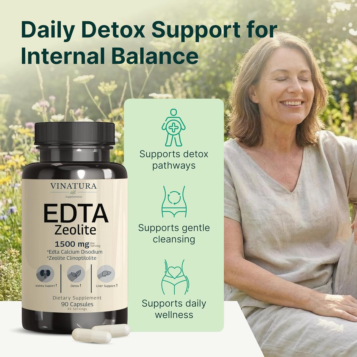 VINATURA EDTA Capsules - 1500Mg per Serv, USA Made & Tested, Liver Support - Edta Calcium Disodium, Kale Extract - 90 Capsules 45 Servings