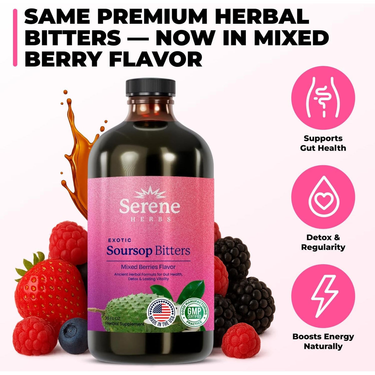 Serene Herbs Soursop Bitters Liquid with Soursop Leaves for Gut Cleanse, Detox & Immune Boost with Black Seed, Moringa, Irish Moss, Ashwaganda, Turmeric, 16 Fl Oz (16 Fl Oz (Pack of 1), Mixed Berry)