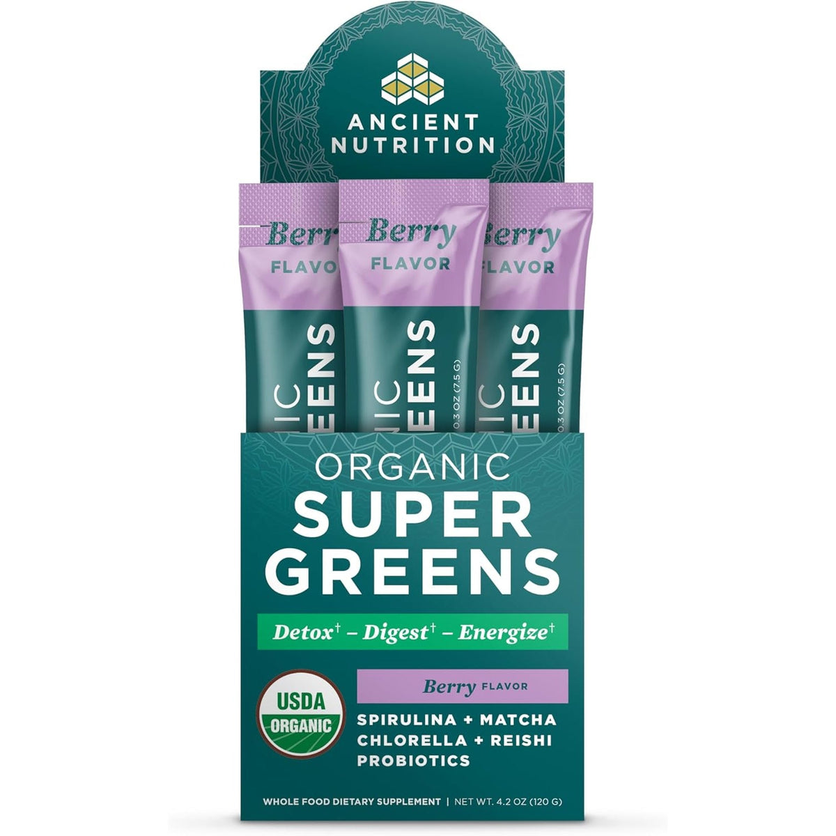 Ancient Nutrition Supergreens Powder with Probiotics, Organic Berry Flavor Greens, Made from Real Fruits, Vegetables and Herbs, Digestive and Energy Support, 16 Stick Packs, 4.2Oz