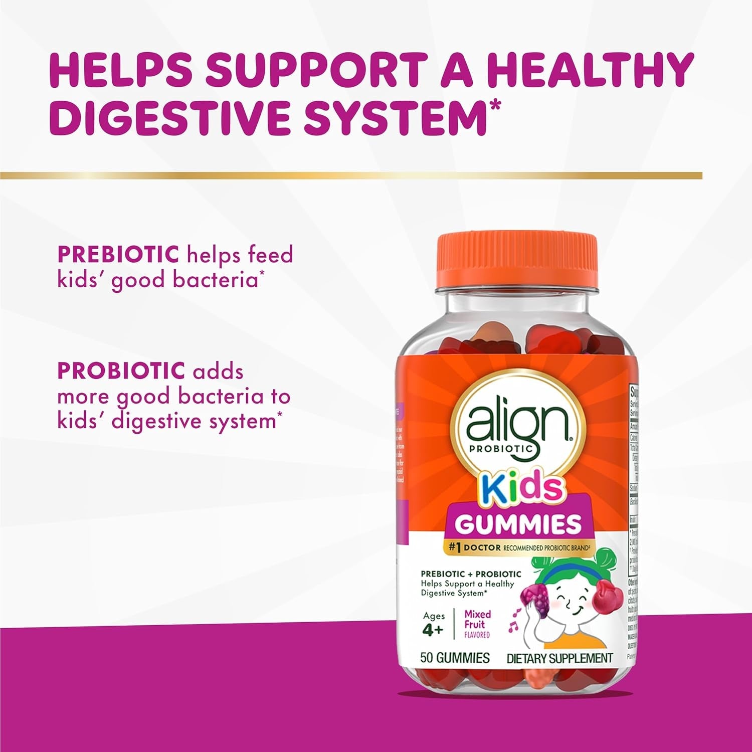 Align Probiotic, Kids Gummies, Prebiotic + Probiotic Helps Support a Healthy Digestive System*, #1 Doctor Recommended Probiotic Brand‡, 50 Gummies Packaging May Vary