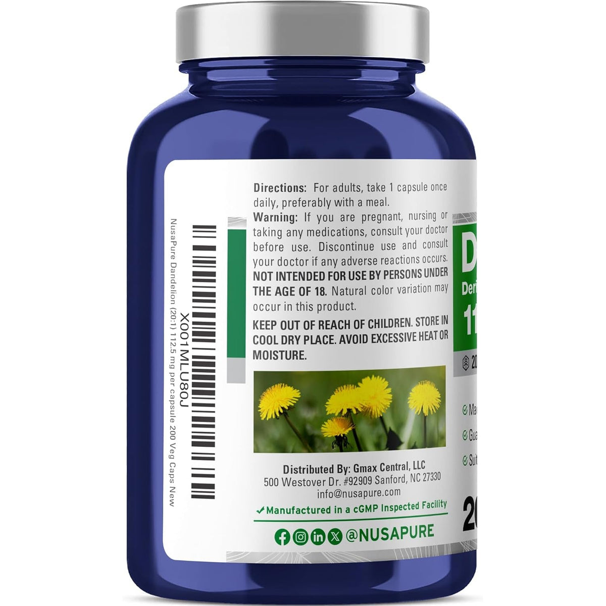 Nusapure Dandelion Root Capsules, 112.5 Mg, 200 Veg Capsules (Non-Gmo, Vegan)