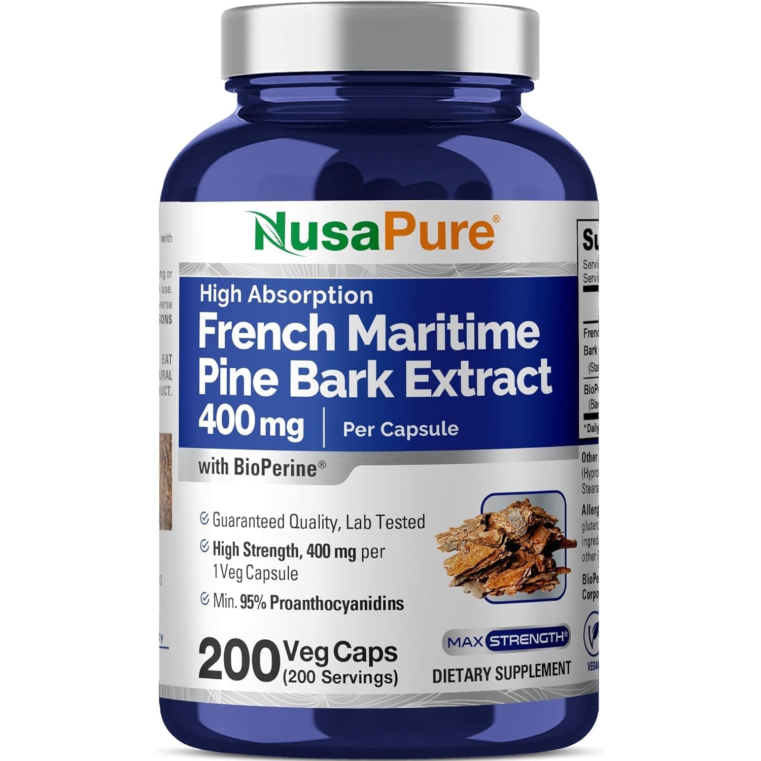 Nusapure French Maritime Pine Bark Extract 400Mg per Veggie Caps 200-Day Supply Bioperine Non-Gmo Vegan