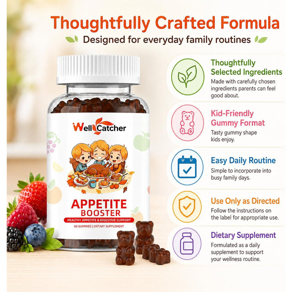 Appetite Booster Gummies for Kids Adults: Picky Eater Vitamins Support Eat More Height Growth Gut Health & Nutritional Balance with Bromelain Hawthorn Zinc, Sugar Free 60CT