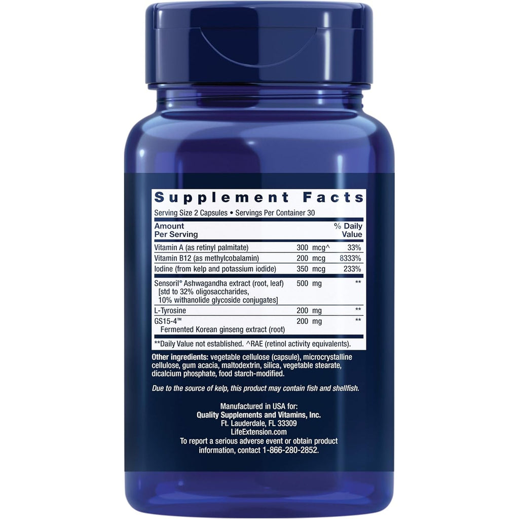 Life Extension Thyroid Support Complex - Thyroid Health Support Supplement with Vitamins A, B, Iodine, Magnesium, L-Tyrosine, Ashwagandha & Ginseng for Energy – Non-Gmo, Gluten-Free - 60 Capsules