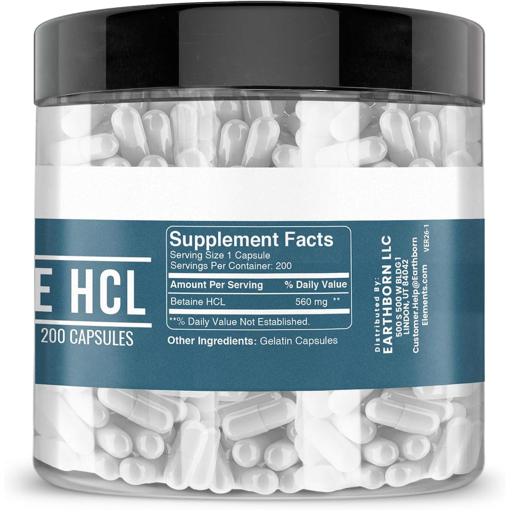 Earthborn Elements Betaine HCL, 200 Capsules, Lab-Tested, No Filler or Additives