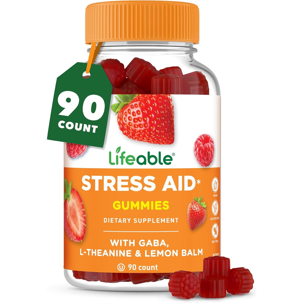 Lifeable Stress Aid Gummies | with Lemon Balm, GABA and L Theanine Supplements | Vegan Non GMO Mood Support Supplement | Great Tasing Stress Vitamins | L-Theanine for Women and Men | 90 Gummies