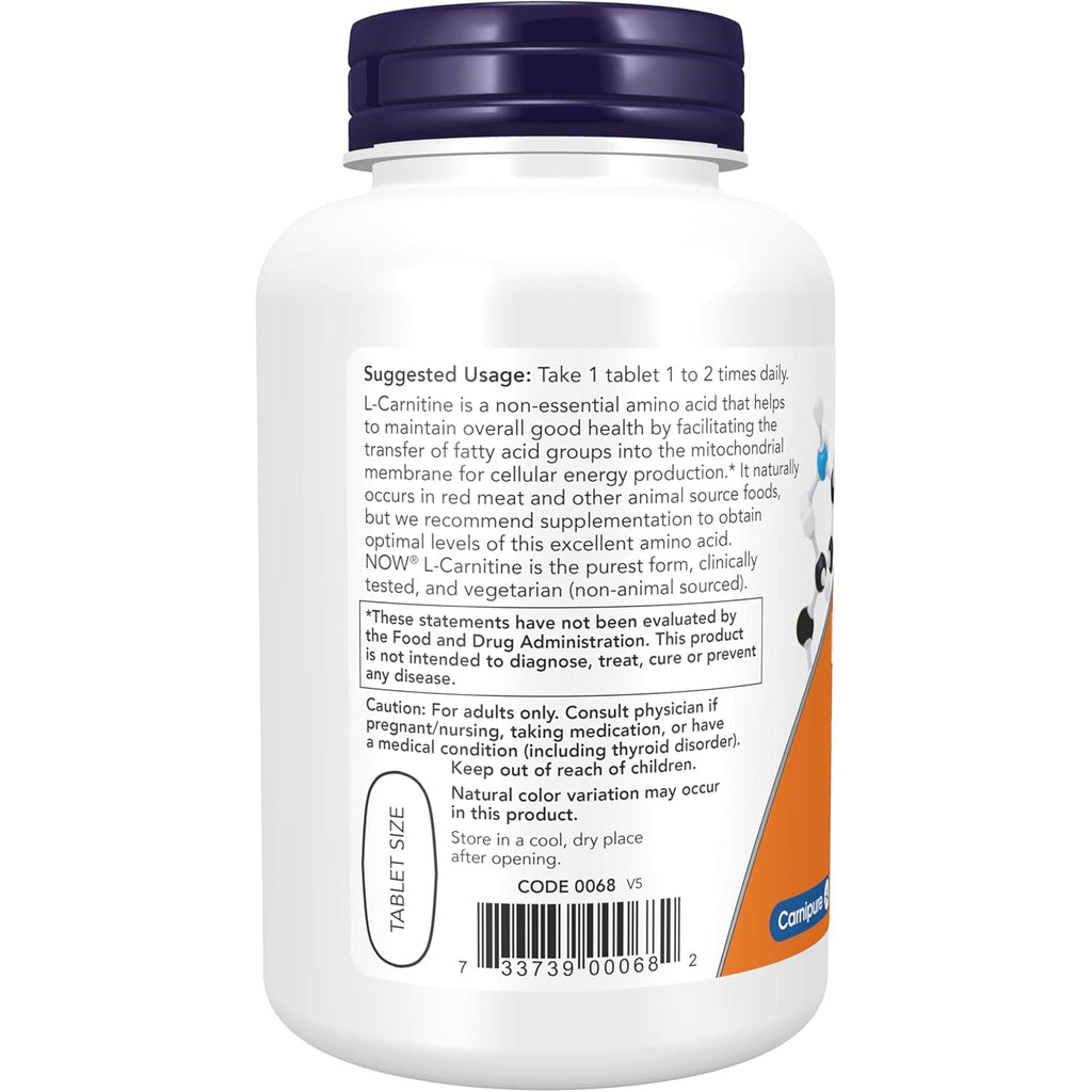 NOW Foods Supplements, L-Carnitine 1,000 Mg, Purest Form, Amino Acid, Fitness Support*, 100 Tablets