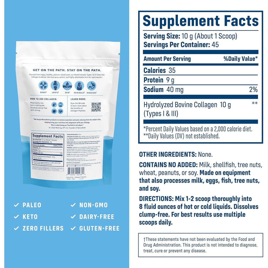 Nativepath Collagen Peptides Protein - Hydrolyzed Type 1 & 3 Collagen Powder for Skin, Hair, Nails - 15.9 Oz (45 Servings)