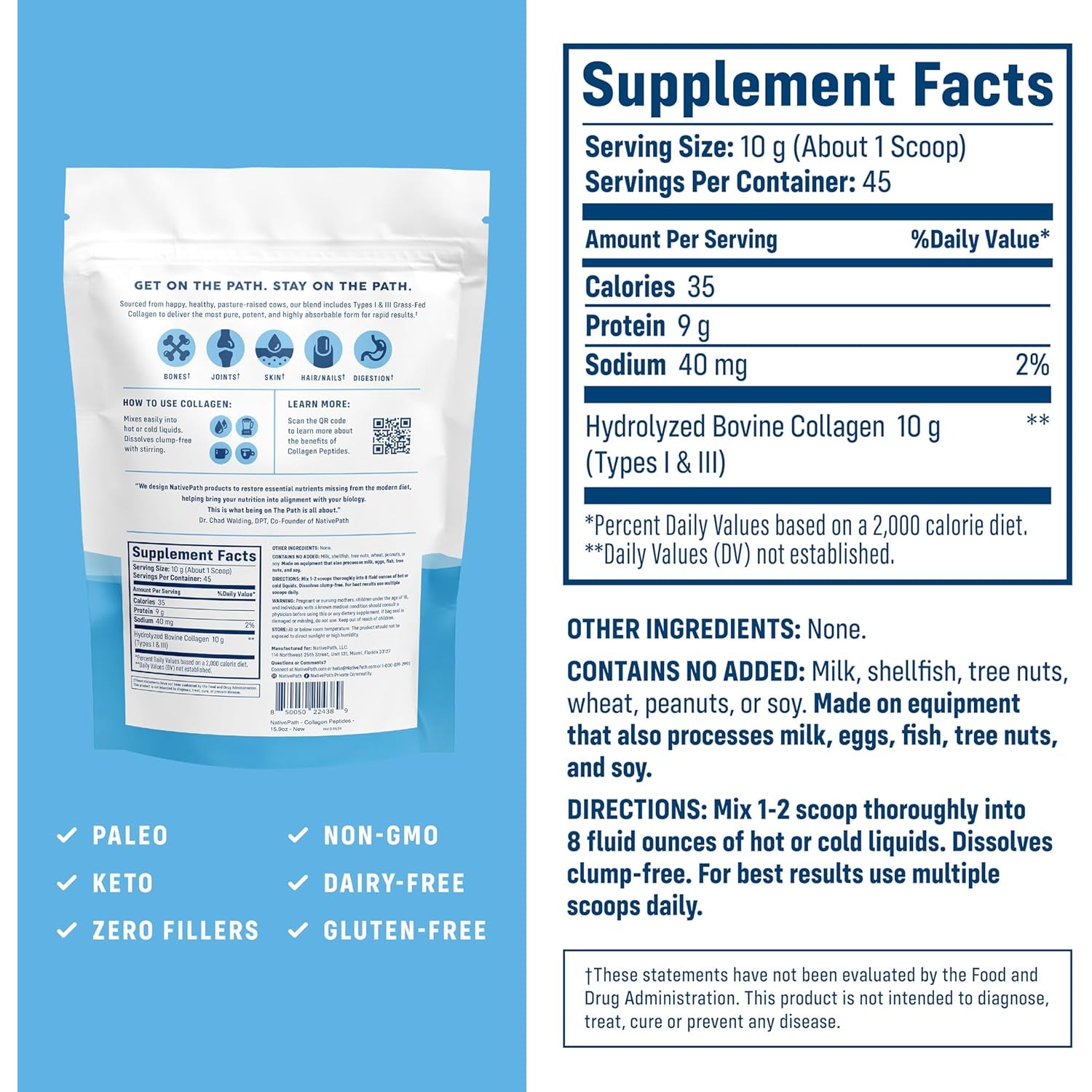 Nativepath Collagen Peptides Protein - Hydrolyzed Type 1 & 3 Collagen Powder for Skin, Hair, Nails - 15.9 Oz (45 Servings)