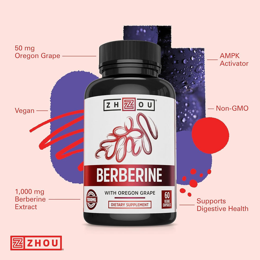 Zhou Berberine with Oregon Grape - Berberine Supplement for Women & Men, Gut Health, Metabolic Function, Berberine 1000Mg per Capsule - 60 Vegetarian Capsules (Pack of 1)