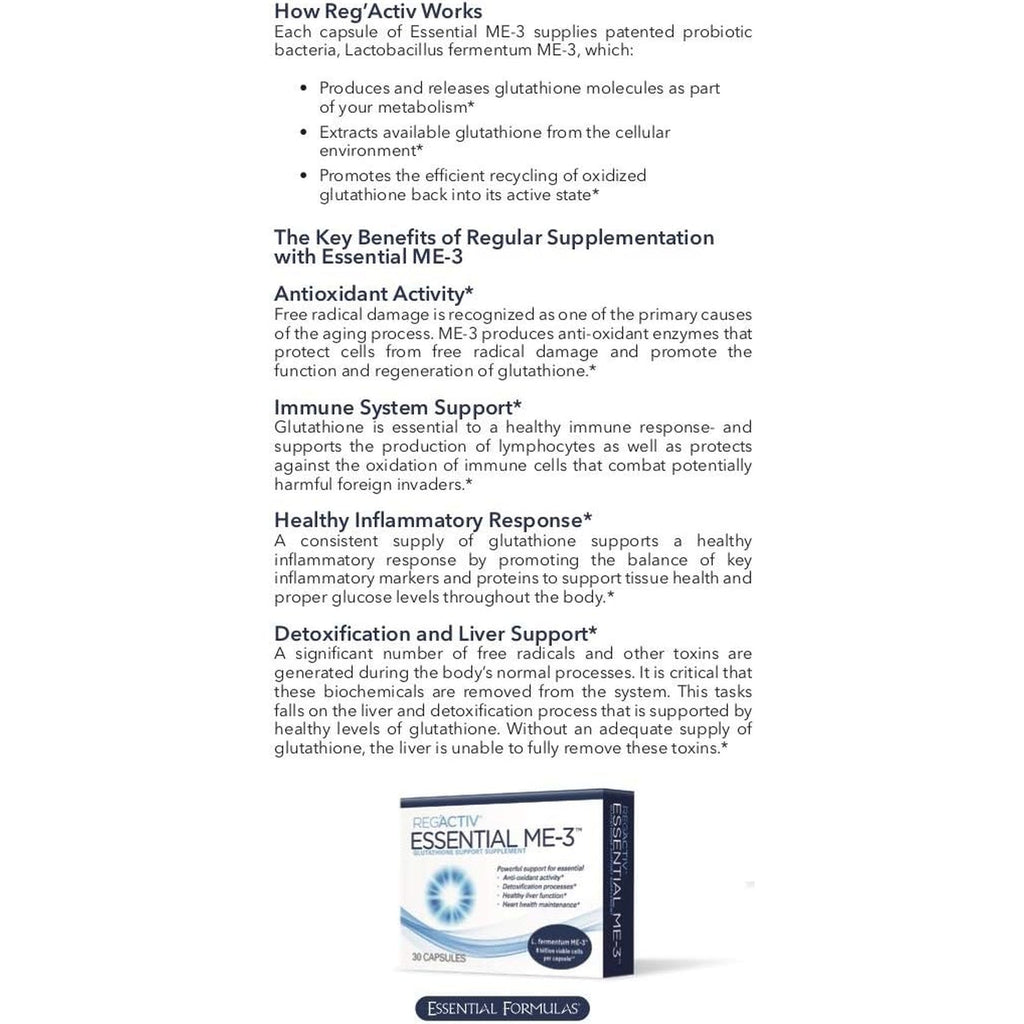 Reg'Activ Essential ME-3, 30 Capsules. a Glutathione-Producing Probiotic That Delivers Glutathione to the Intestine for Efficient Guthatione Supplementation