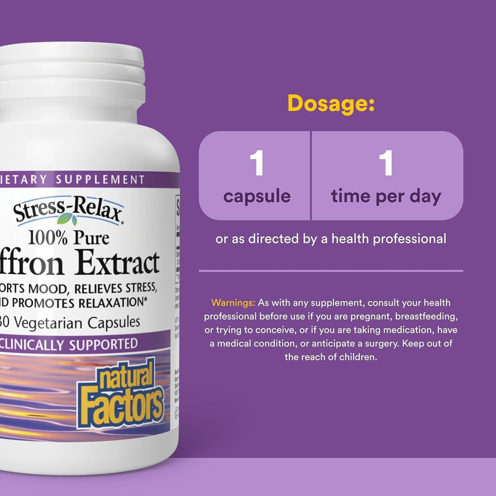 Natural Factors 100% Pure Saffron Extract - Supports Restful Sleep & Calm Outlook - Natural Herbal Supplement for Relaxation Support - 30 Vegetarian Capsules (30 Servings)