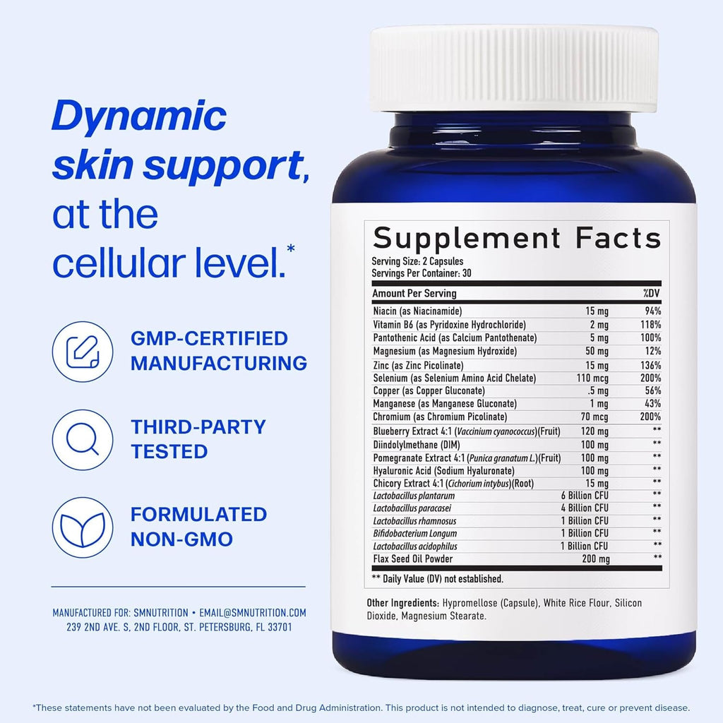 Clear Skin Supplement with Zinc, DIM & Probiotics | 3-In-1 Hormone, Gut & Complexion Support | Triple Action Hyaluronic Acid, Niaciminide & Vitamins for Skin Balance, Glow & Health Support | 60 Ct