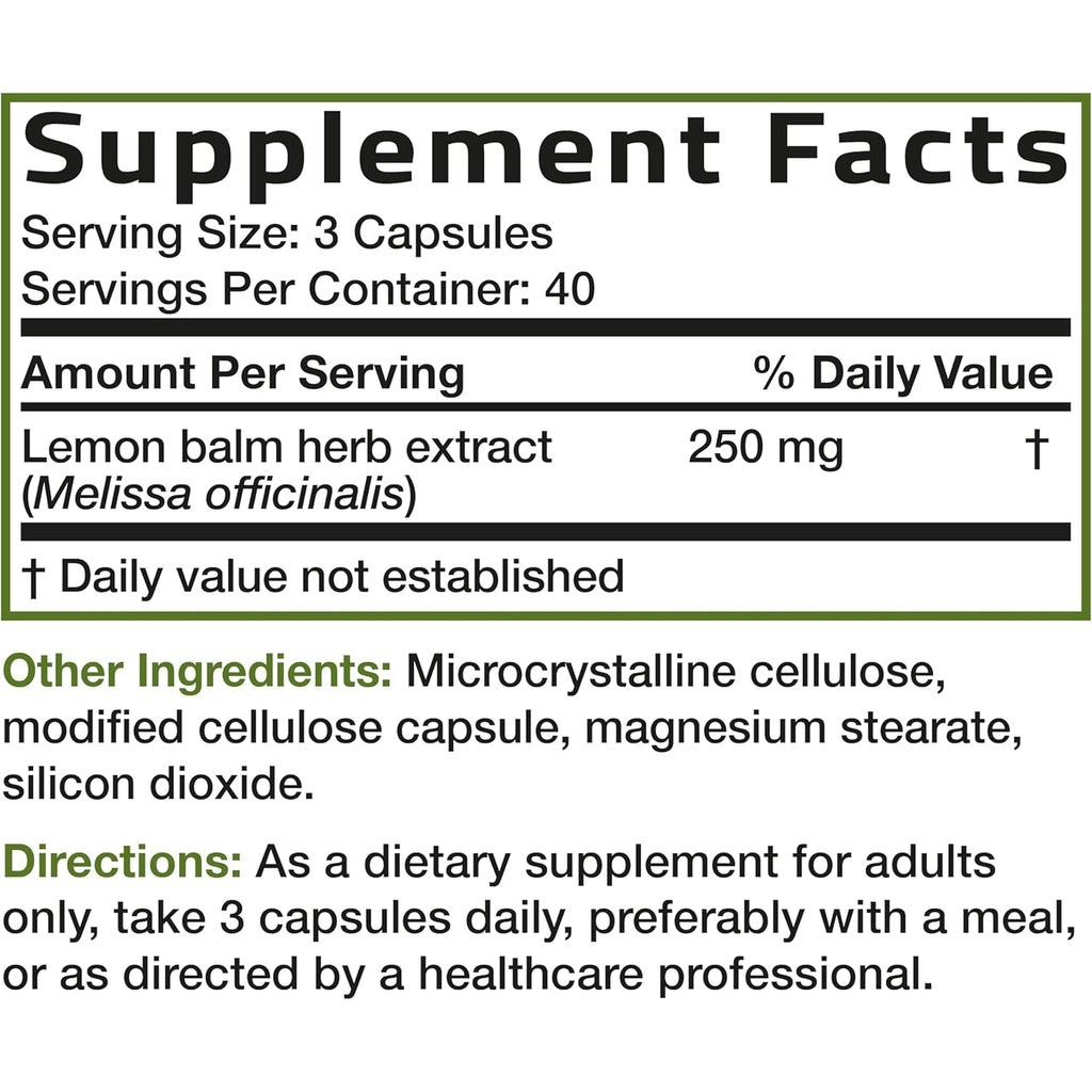 Bronson Melissa Lemon Balm Extra Strength, Non-Gmo, 120 Vegetarian Capsules