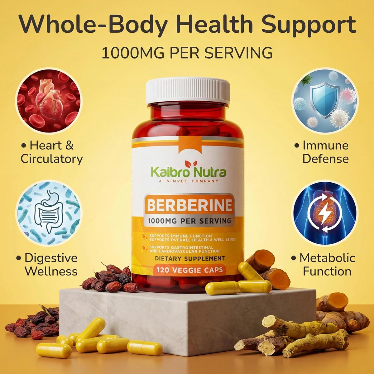 Kaibro Nutra Berberine HCL Supplement 1000Mg - for Immune System, Glucose Support, Circulatory & Gastrointestinal Health, Vegan & Gluten-Free (120 Capsules)