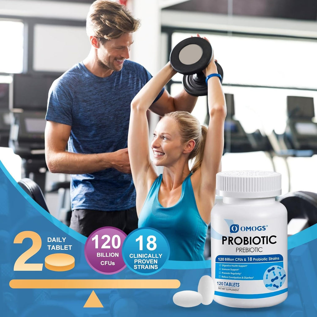 OMOGS Probiotics 120 Billion Cfus 18 Strains,With 3 Organic Prebiotics & Vitamin C,Nutritional Supplement for Women,Men & Kids,Support Metabolism,Immunity and Digestive Health,Non-Gmo, 120 Tablets