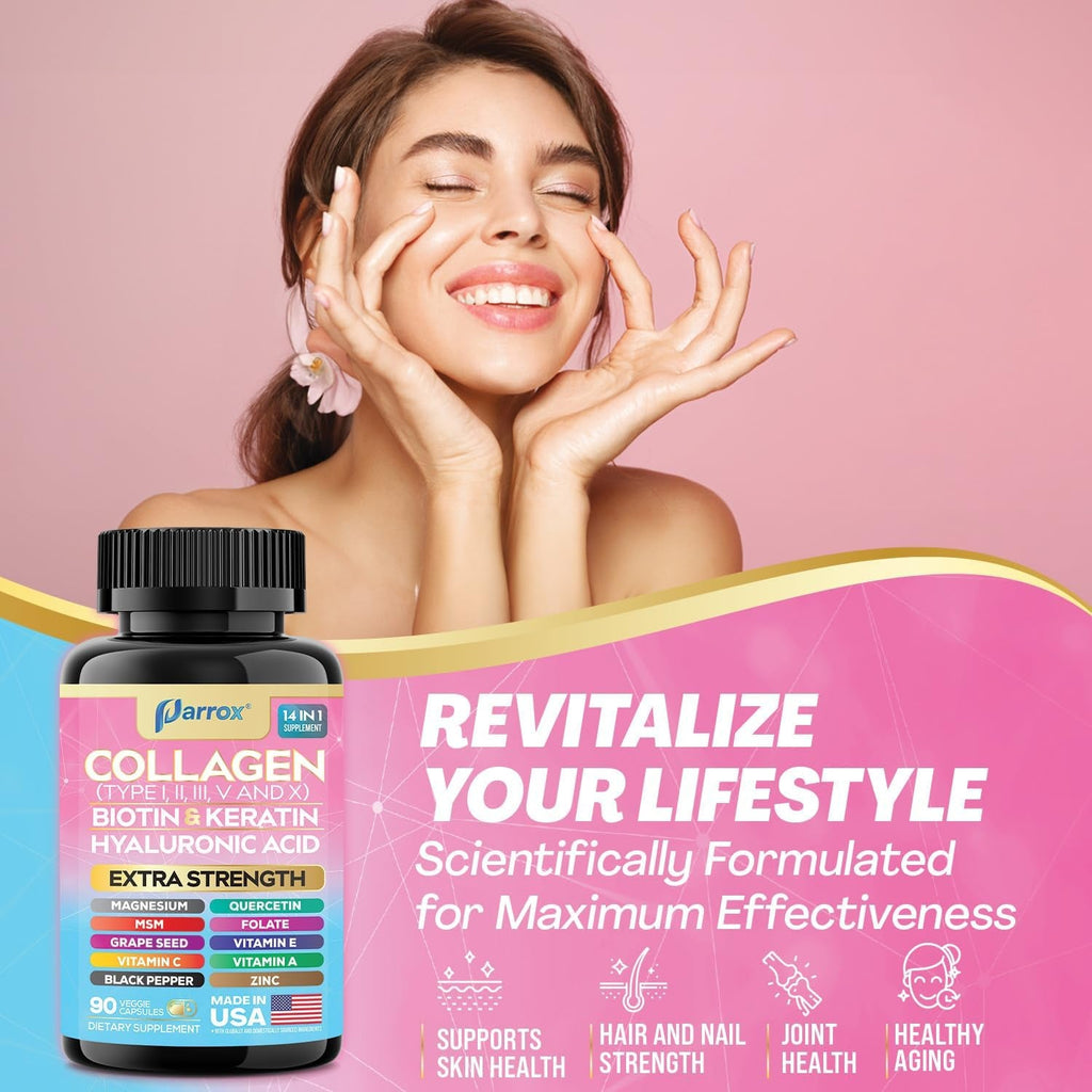 Collagen Peptides Types I, II, III, V & X, MCG Biotin, Keratin, Hyaluronic Acid, MSM, Zinc, Grape Seed Extract, Quercetin, Vitamin A, Vitamin C, Vitamin E, Magnesium, Folic Acid (90 Capsules)