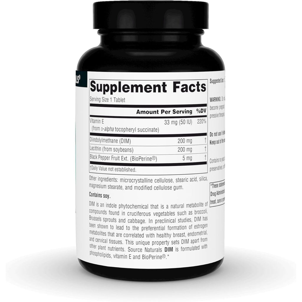 Source Naturals DIM, Diindolylmethane 200Mg with Bioperine, Vitamin E & More - 60 Tablets