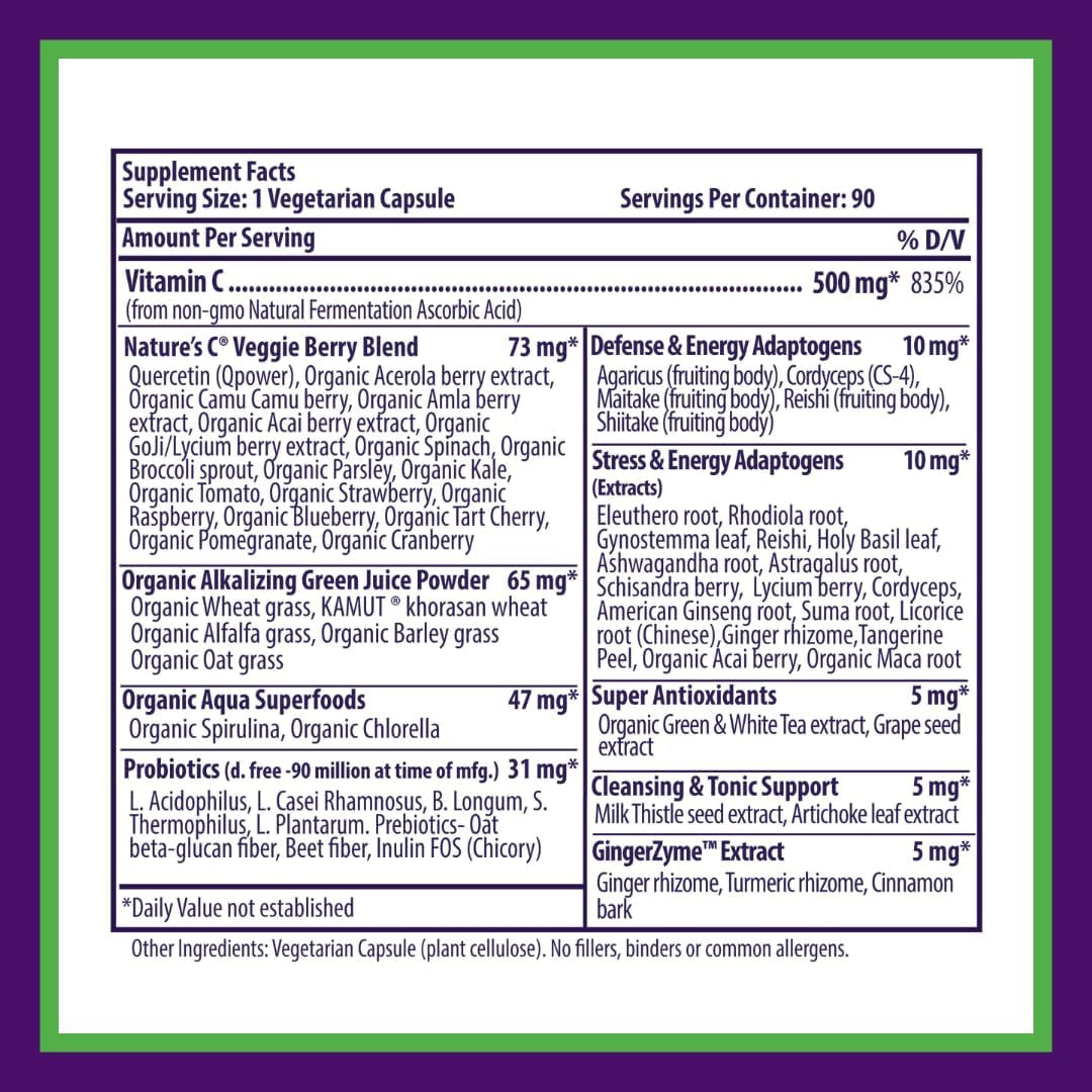 Paradise Herbs Earth'S Blend Vitamin C with Nature'S C and Adaptogens, Superfoods Base of Probiotics & Organic Alkalizing Greens, 90 Vegetarian Capsules