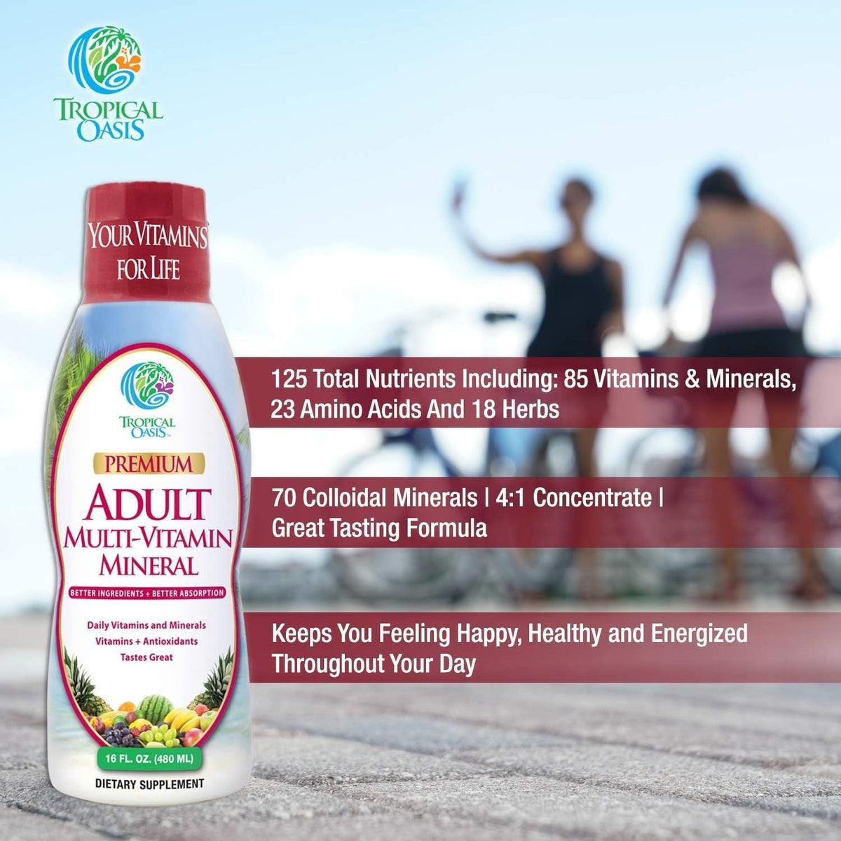 Tropical Oasis Adult Liquid Multivitamin -Liquid Multi-Vitamin and Mineral Supplement with 125 Total Nutrients Including; 85 Vitamins & Minerals, 23 Amino Acids, and 18 Herbs - 16 Fl Oz, 32 Serv