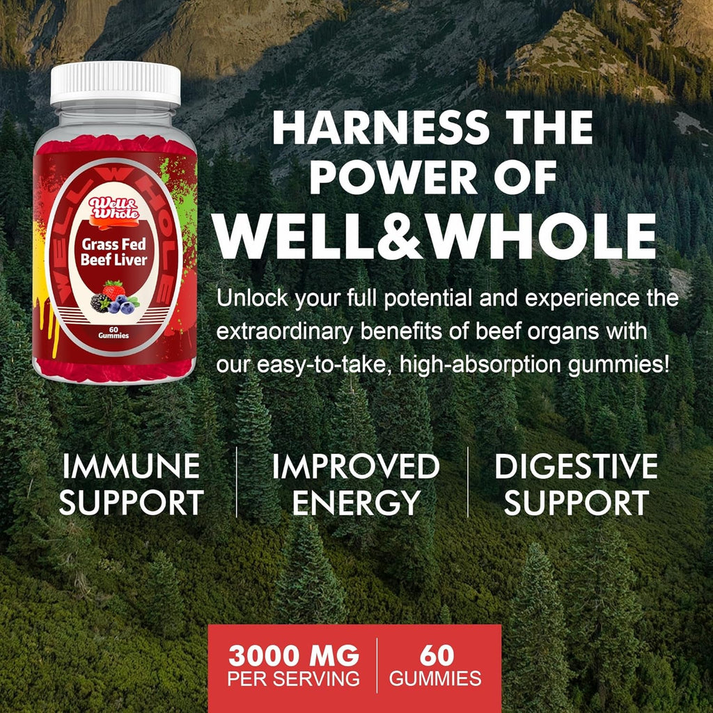 Well&Whole Grass Fed Beef Liver Gummies, Dessicated Beef Liver Supplement for Energy, Immunity, and Full Wellness - Non GMO, Gluten Free, for Adults and Kids, 60 Counts