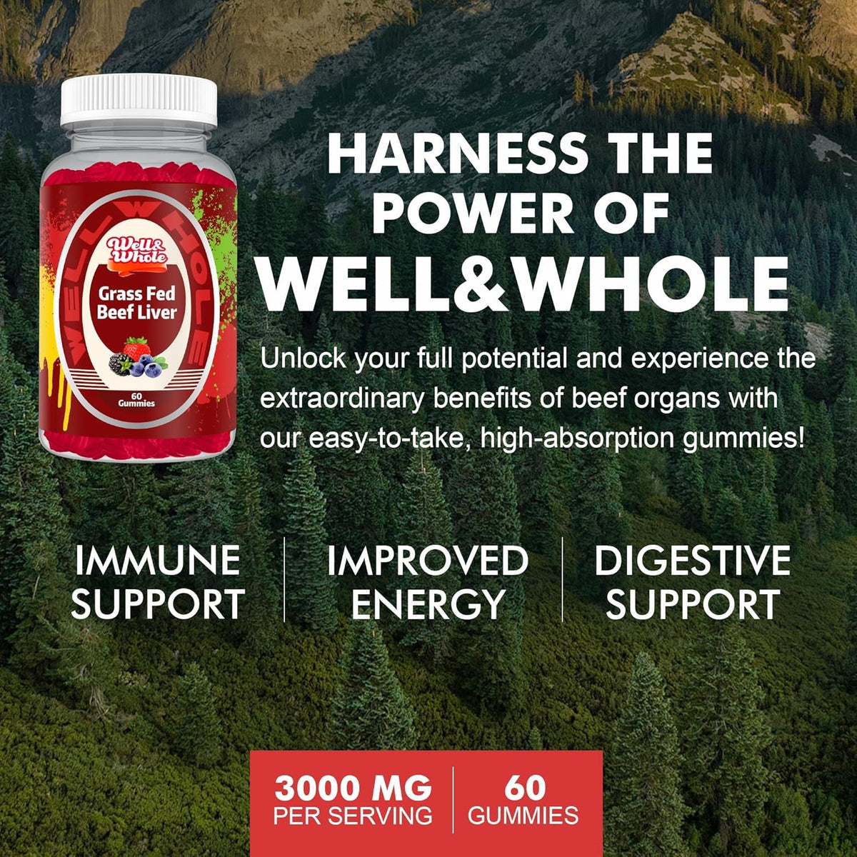 Well&Whole Grass Fed Beef Liver Gummies, Dessicated Beef Liver Supplement for Energy, Immunity, and Full Wellness - Non GMO, Gluten Free, for Adults and Kids, 60 Counts