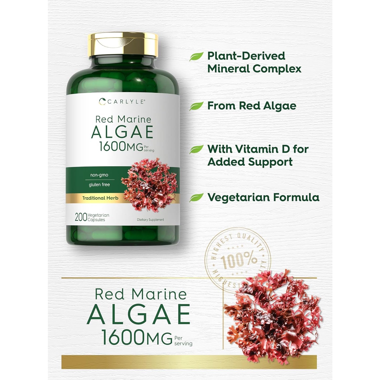 Carlyle Red Marine Algae 1600Mg | 200 Capsules | Vegetarian Supplement | Non-Gmo, Gluten Free