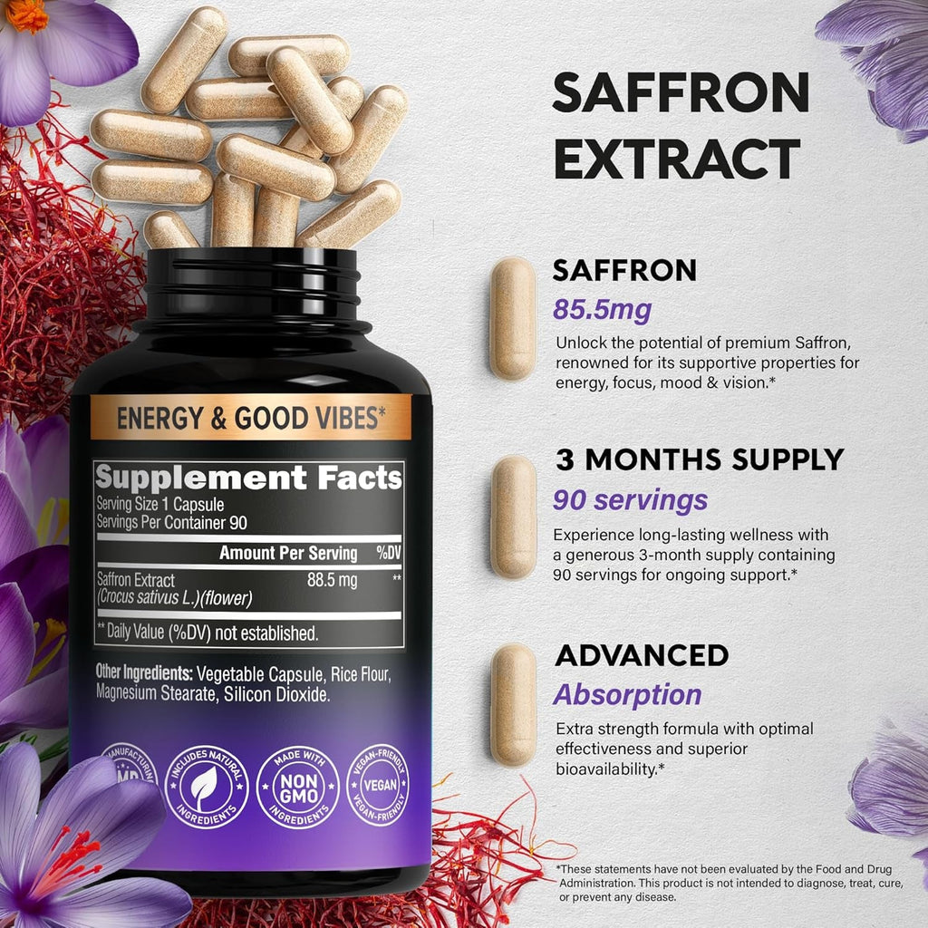 Natural Saffron Supplements - Pure Saffron Extract 88.5 Mg - Mood | Focus | Vision | Energy Support - Eye Health for Women & Men - Lab Tested - Nongmo Vegan Pills - 90 Powder Capsules, 3 Month Supply