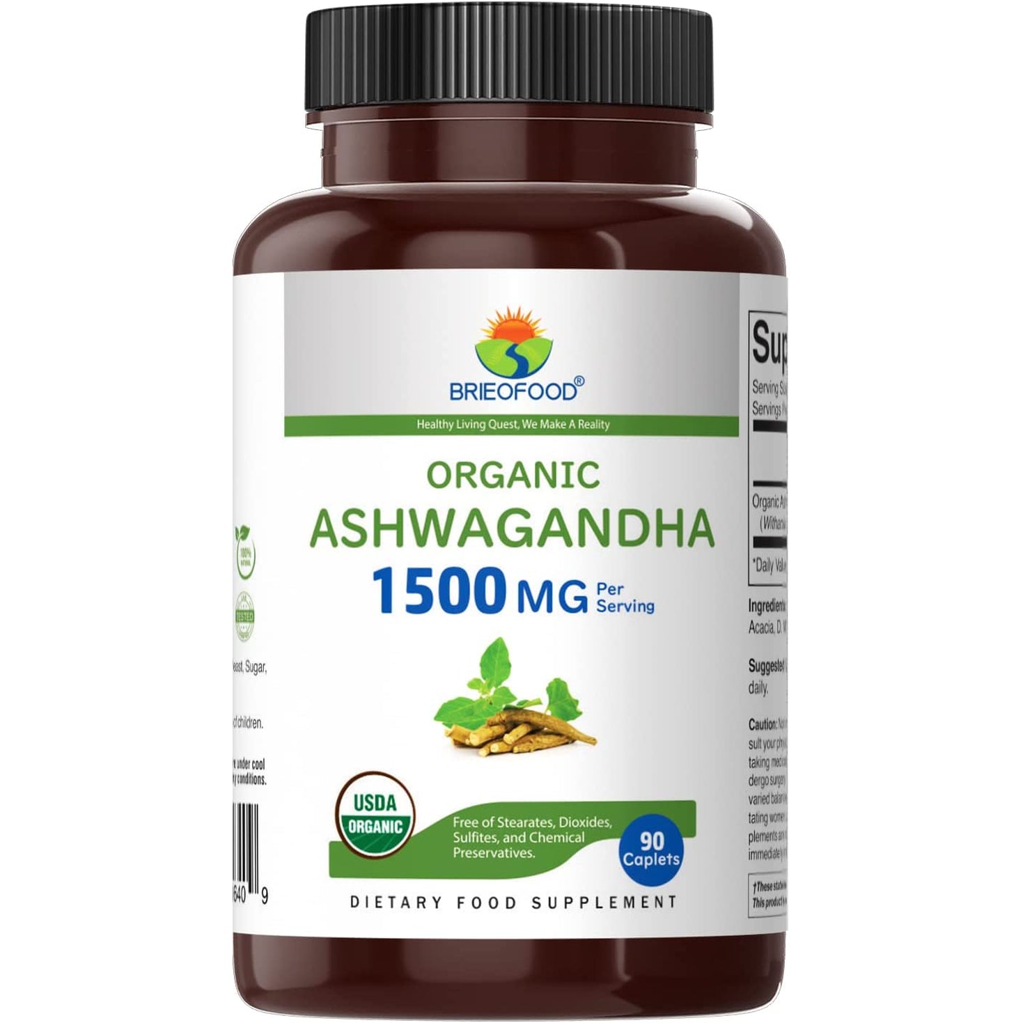 Brieofood Organic Ashwagandha 1500Mg, 45 Servings, Vegetarian, Gluten Free, 90 Vegetarian Tablets