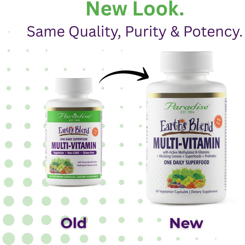 Paradise Herbs Earth'S Blend Once Daily Multivitamin with Iron, 48 Organic Superfoods, Probiotics, Antioxidants, Vitamins A, B12, C, D, K2, 60 Capsules