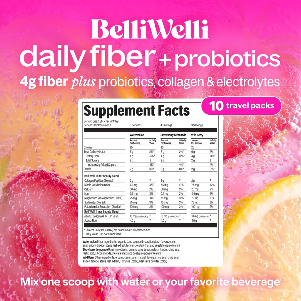 Belli Welli Daily Fiber Supplement Packets with Collagen, Probiotics & Electrolytes | Single Serve Packets for Gut Health, Digestion & Debloating | Variety | 10 Count
