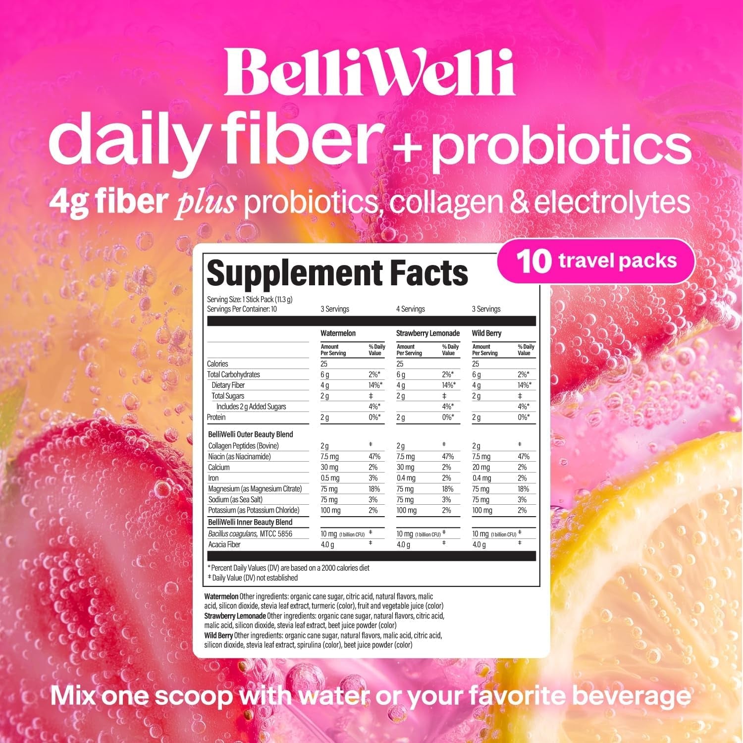 Belli Welli Daily Fiber Supplement Packets with Collagen, Probiotics & Electrolytes | Single Serve Packets for Gut Health, Digestion & Debloating | Variety | 10 Count