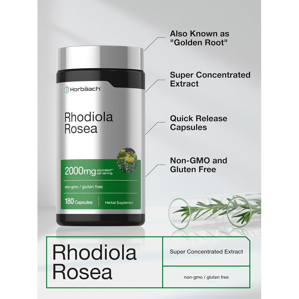 Horbäach Rhodiola Rosea Capsules | 180 Count | Non-Gmo, Gluten Free Supplement