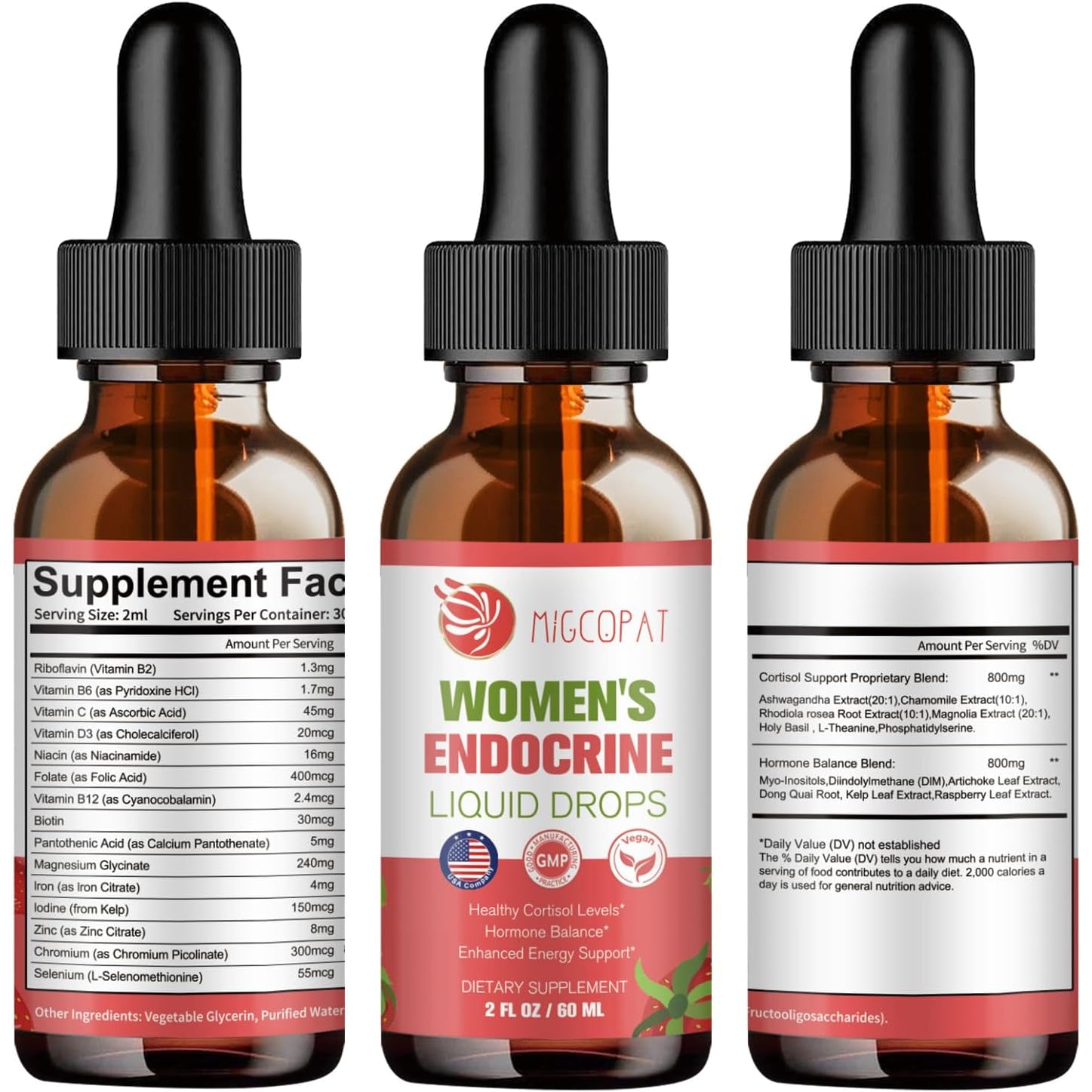 Migcopat Women Endocrine Superfood Supplement Liquid Drops, Supports Healthy Cortisol Levels, Hormonal Balance, Gut Health, Mood, Sleep Support, Multivitamin+Inositols, Rhodiola, DIM