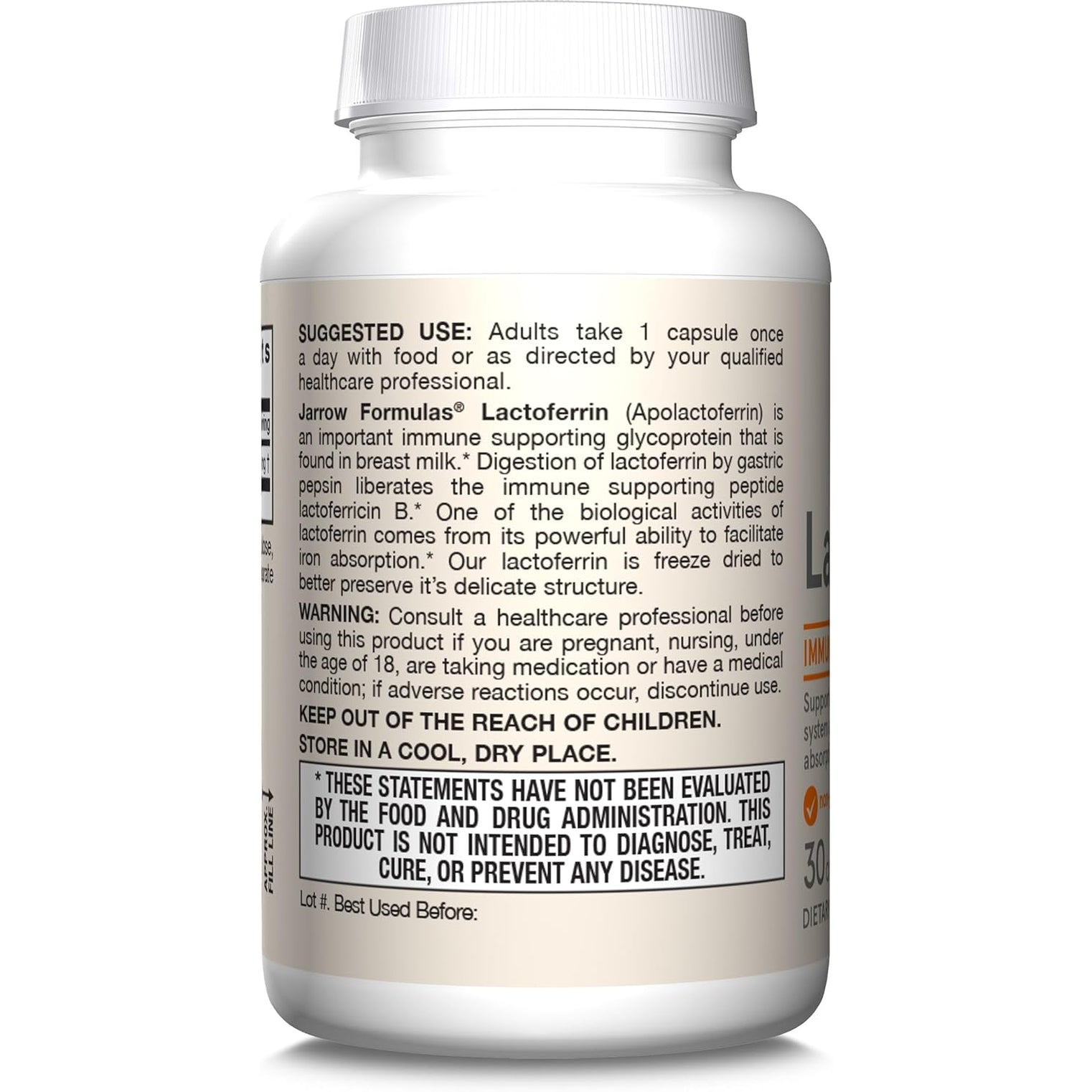 Jarrow Formulas Lactoferrin Supplements 250 Mg - Immune-Supporting Glycoprotein for Healthy Immune System Support & Iron Absorption - Freeze Dried, Gluten Free, Non-Gmo - 30 Capsules (Servings)